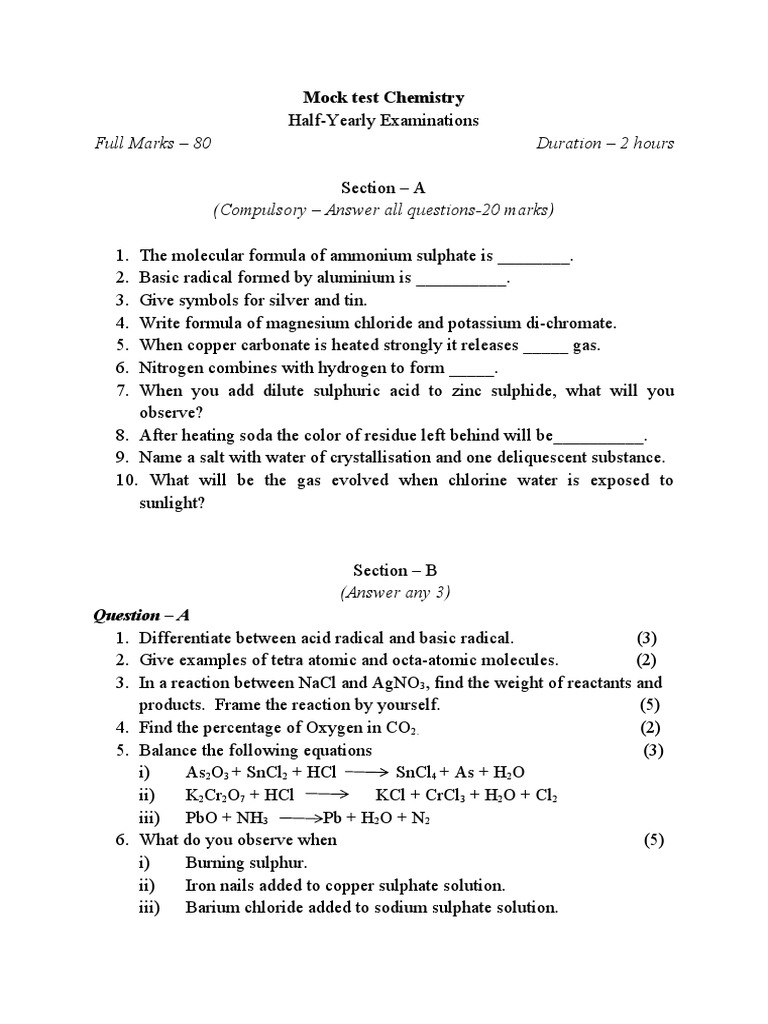 Mock Test Chemistry PDF Chlorine Chemical Reactions