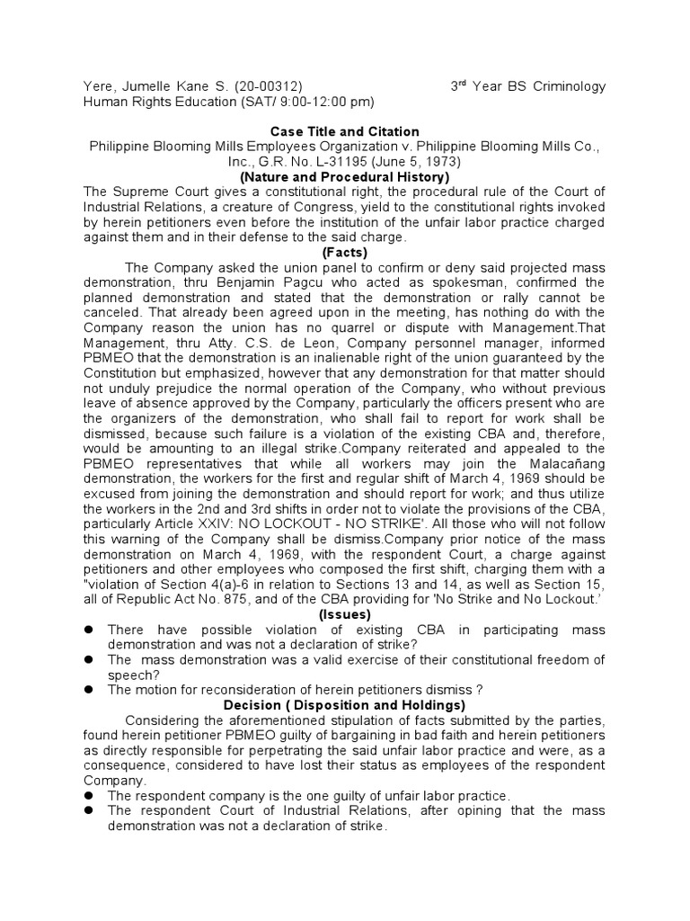 Student Case Brief 1 No. 1 - Yere Jumelle Kane S. | PDF | Strike Action ...