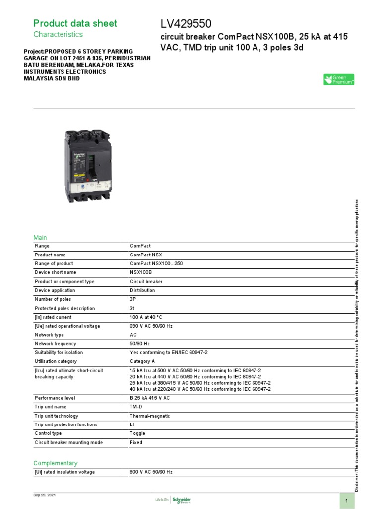 Circuit Breaker Data Sheet for ComPact NSX100B with 32A TMD Trip Unit ...