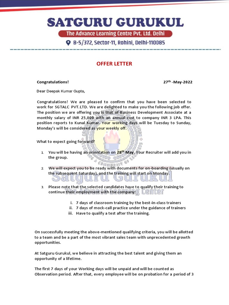 Deepak Kumar Gupta Job Offer Letter | PDF | Labor | Business