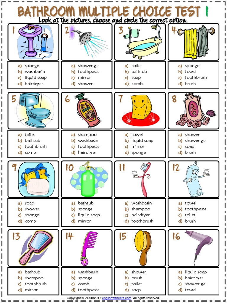 Bathroom Vocabulary Esl Multiple Choice Tests For Kids | Download Free PDF | Shaving | Razor