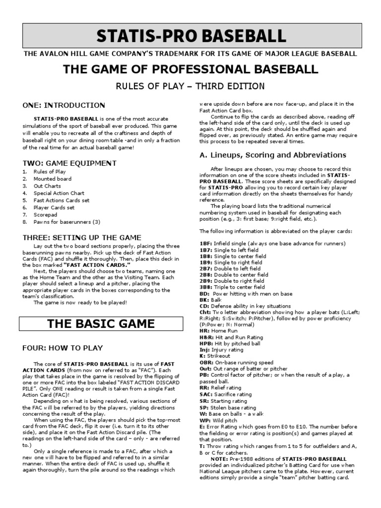 Statis Pro Baseball Rules 3rd Edition PDF Pitcher Baseball Positions