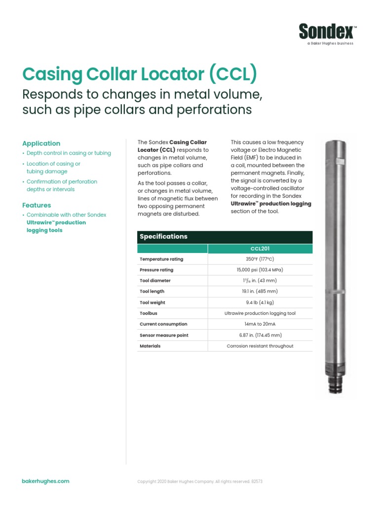 Sondex Casing Collar Locator CCL Spec PDF Inductor Metrology