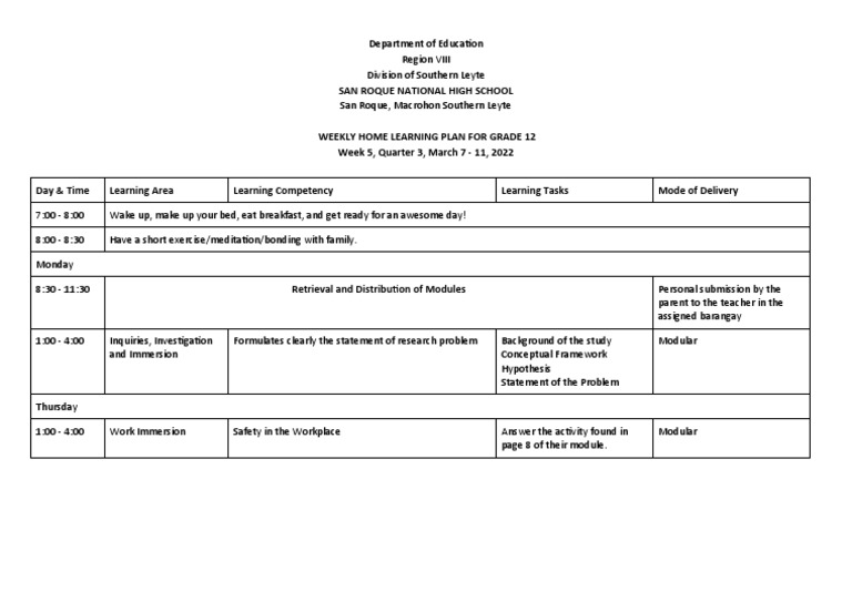 SHS Weekly Home Learning Plans PDF