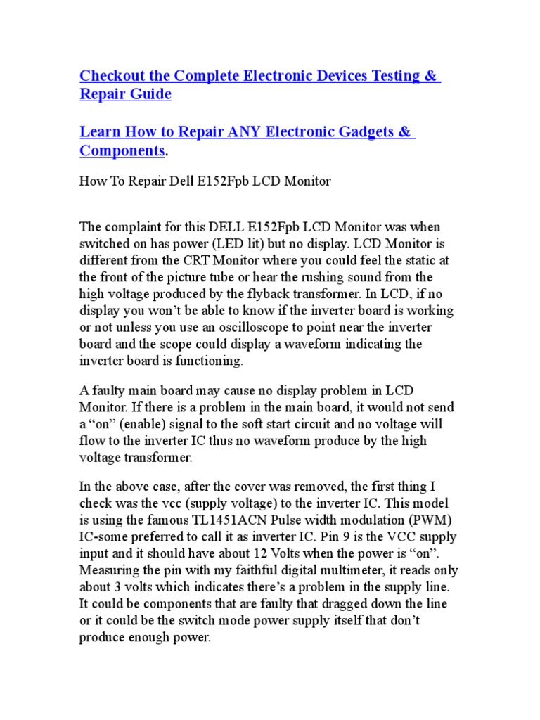 Dell E152Fpb LCD Monitor Repair PDF Power Inverter Computer Monitor