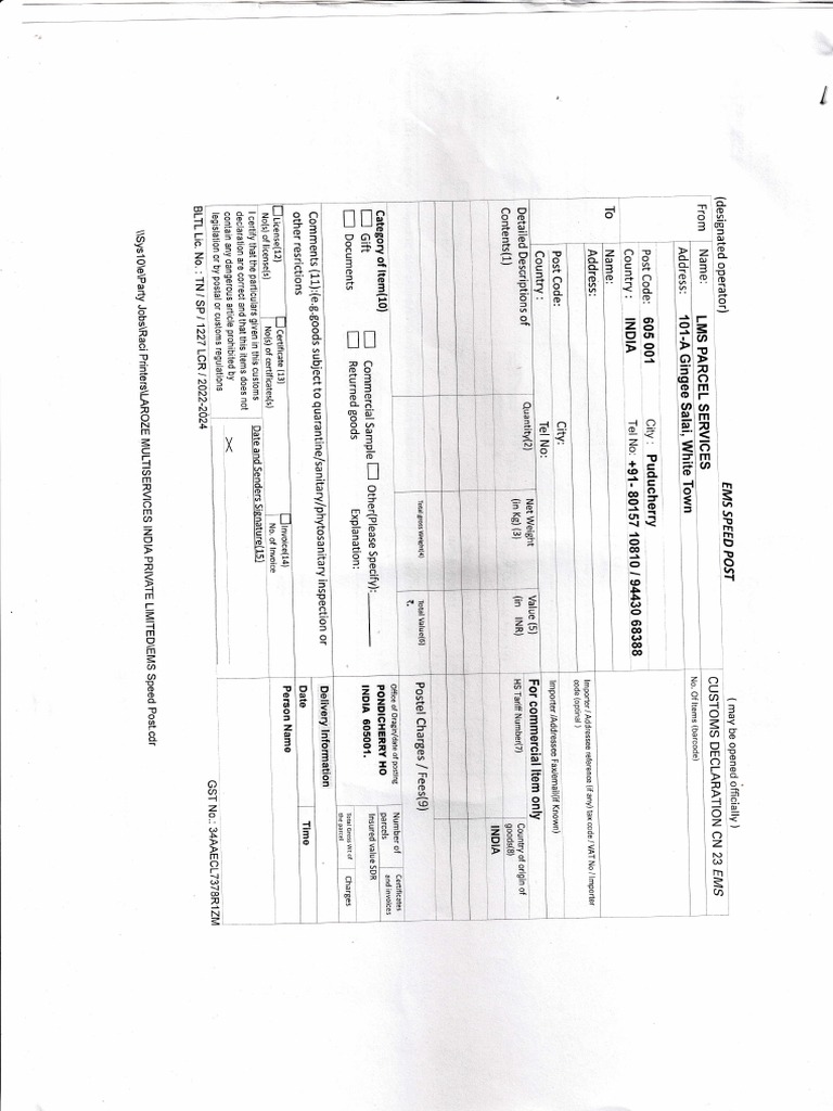Post Office Declaration Form PDF