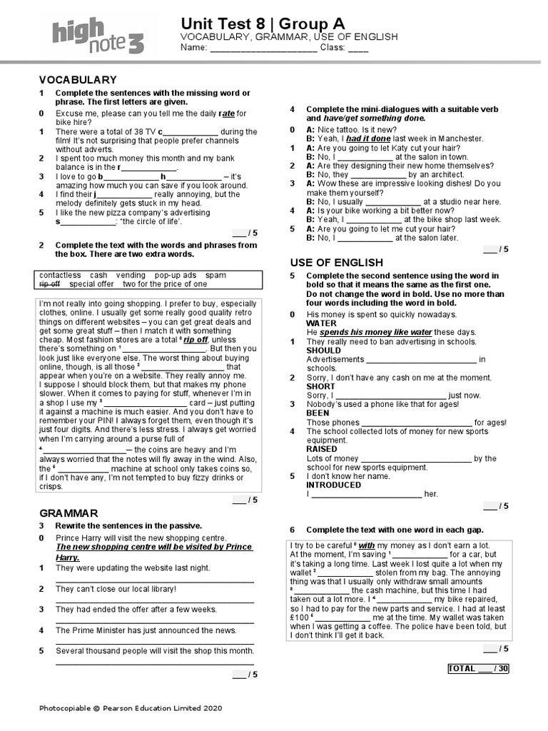 HighNote3 Unit Language Test Unit08 GroupA | PDF