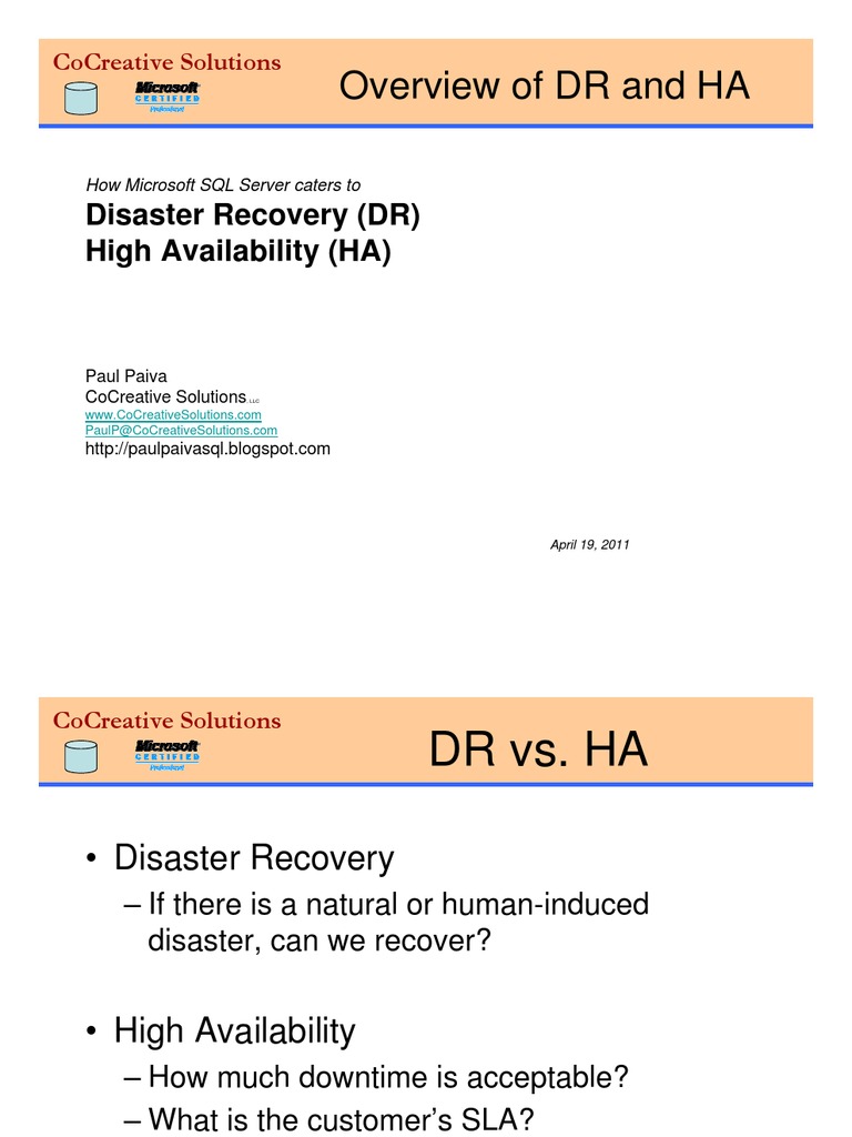 Disaster Recovery And High Availability Overview Of Download Free