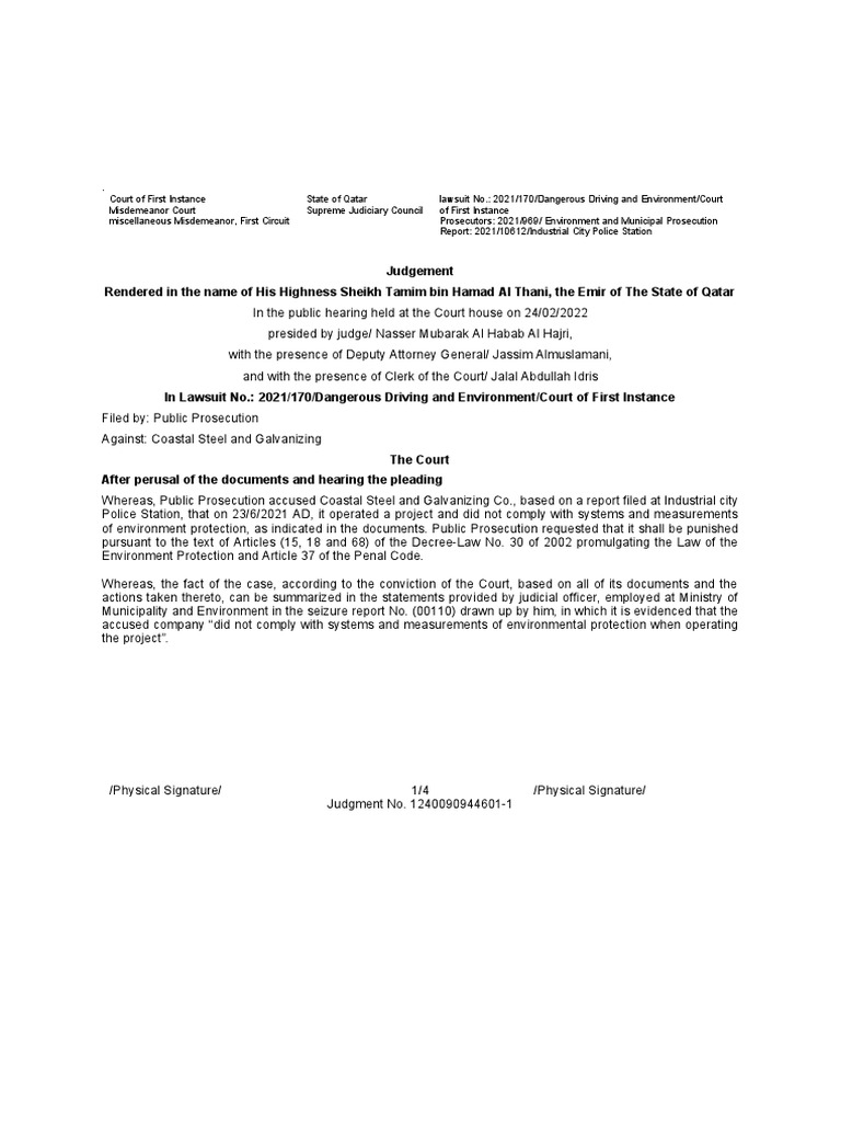 Judgment on Coastal Steel and Galvanizing Co. for Violating