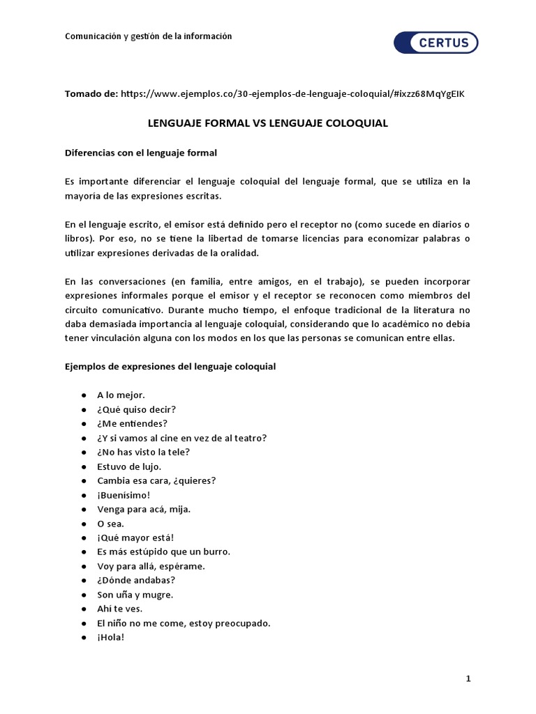 Lenguaje Formal e Informal: Ejemplos y Diferencias | PDF | Gramática ...