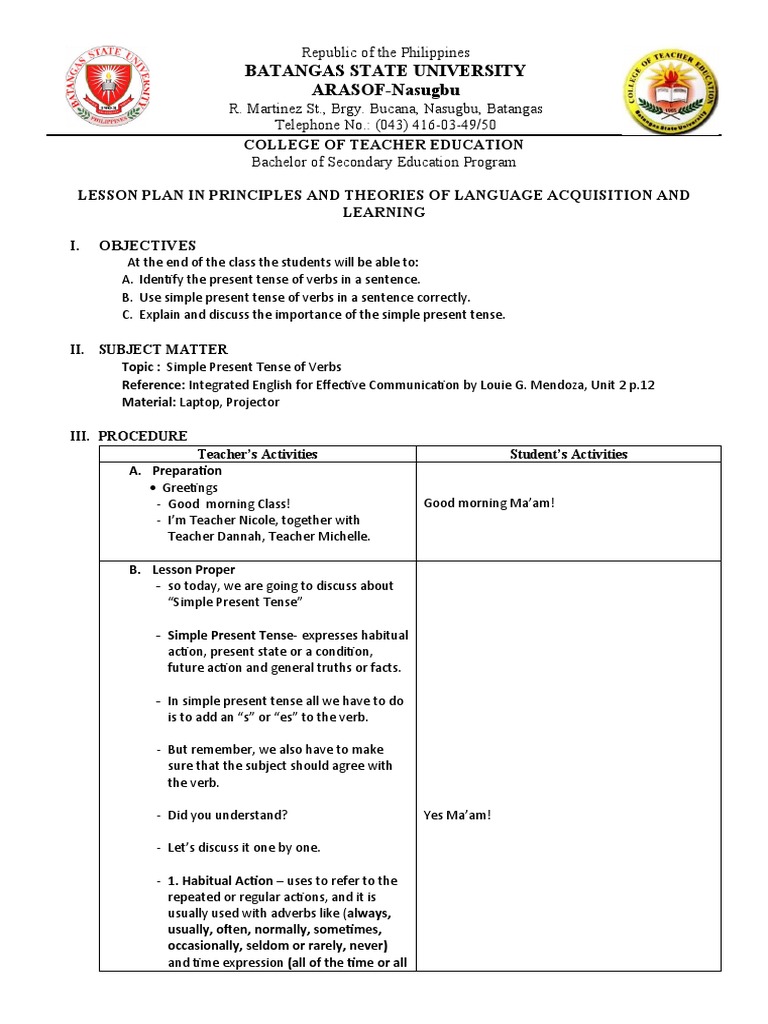 Lesson Plan: Simple Present Tense | PDF | Grammatical Tense | Verb