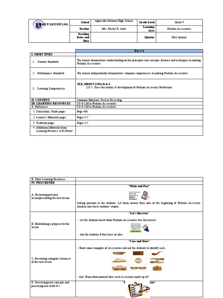 Dll in fashion accessories 1 4 pdf learning teaching method