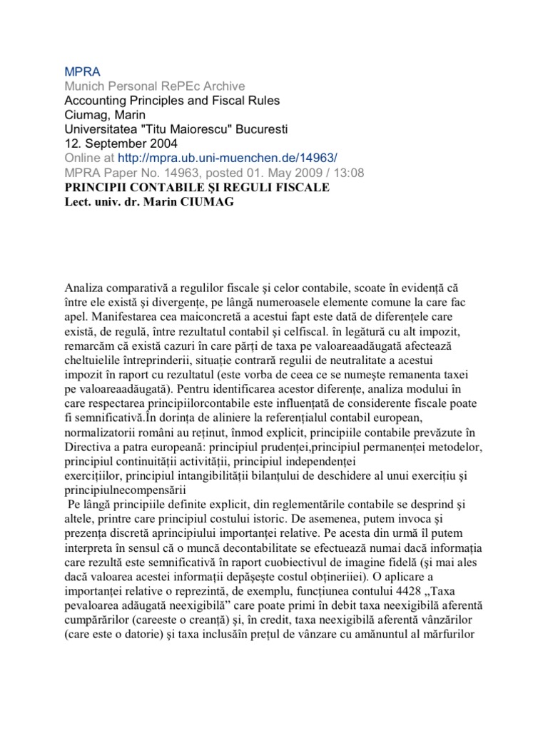 Principii Contabile Şi Reguli Fiscale | PDF