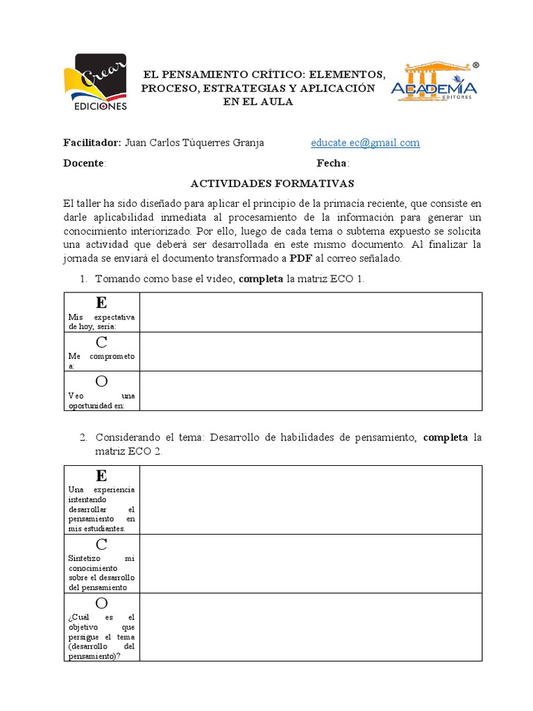 Taller de Desarrollo del Pensamiento Crítico | PDF | Pensamiento ...