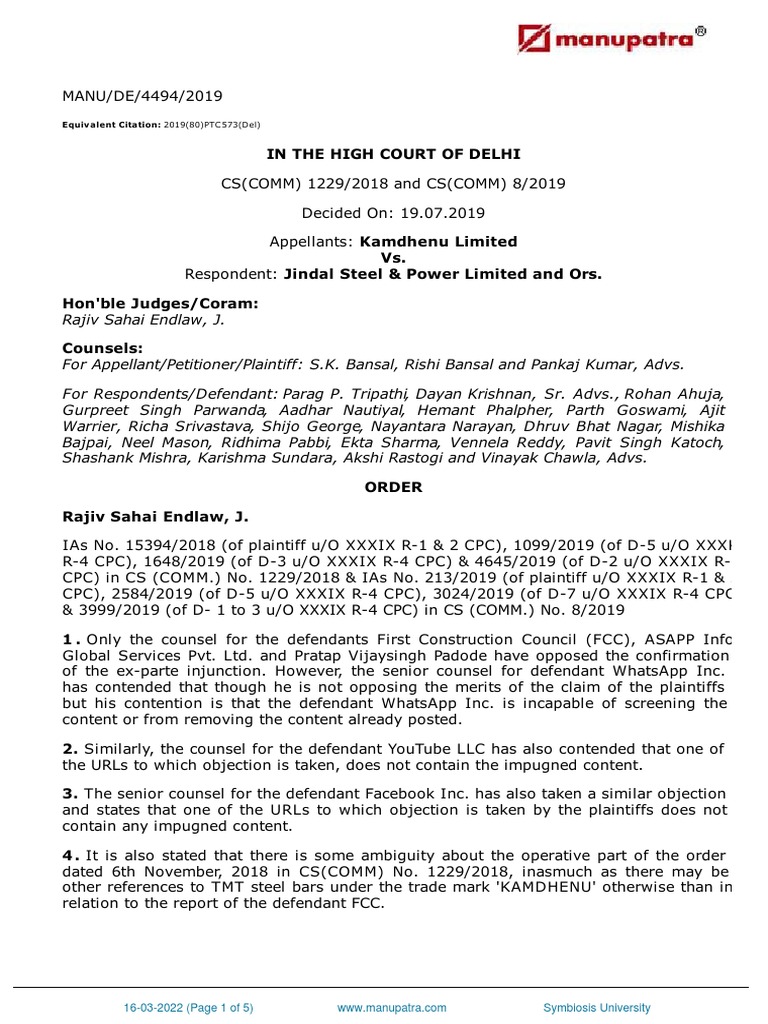 Kamdhenu Limited Vs Jindal Steel and Power Limited PDF Lawsuit