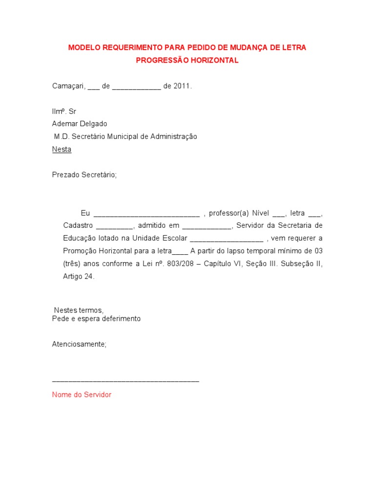 Modelo Requerimento para Pedido de Mudança de Letra