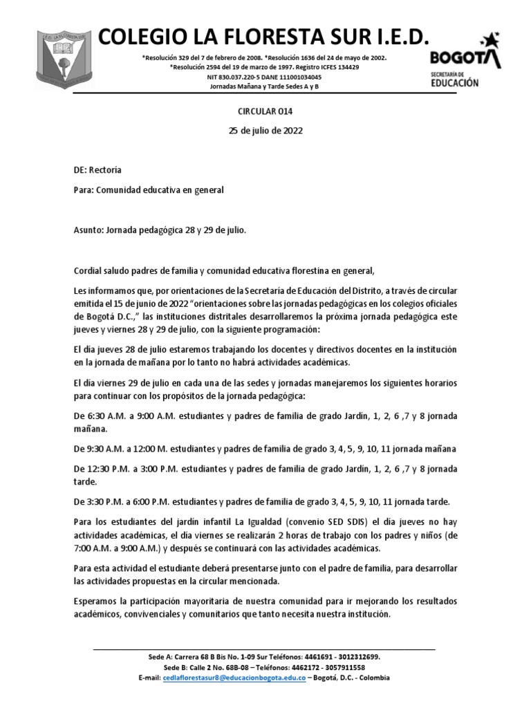 Circular 14 Comunidad Educativa | PDF