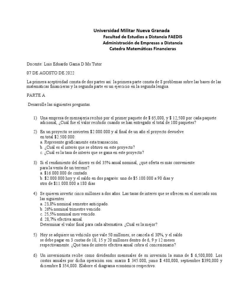 Ejercicios de Matemáticas Financieras | PDF | Finanzas Matemáticas | Dinero