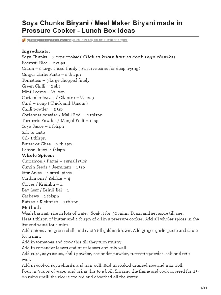 Soya Chunks Biryani Meal Maker Biryani Made in Pressure Cooker Lunch