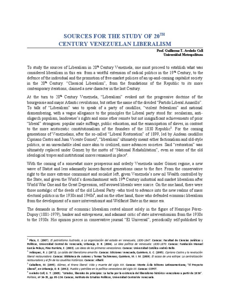 Sources For The Study Of 20th Century Venezuelan Liberalism Aveledo