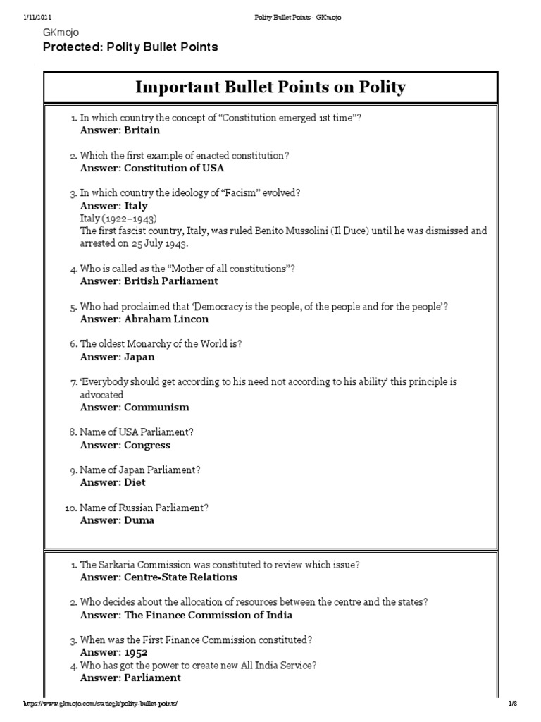 Essential Polity Bullet Points Guide | PDF | Constitution | Government