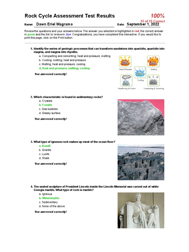 Rock Cycle Assessment Test Results | PDF | Rock (Geology) | Magma