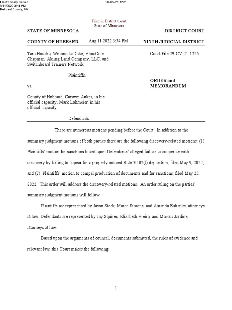 Sanctions Order Against Hubbard County | PDF | Deposition (Law) | Discovery  (Law)