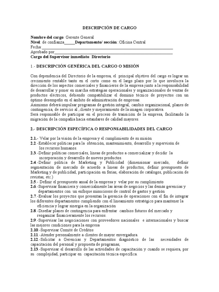 (3) DESCRIPCIÓN DE CARGO GERENTE GENERAL Marketing