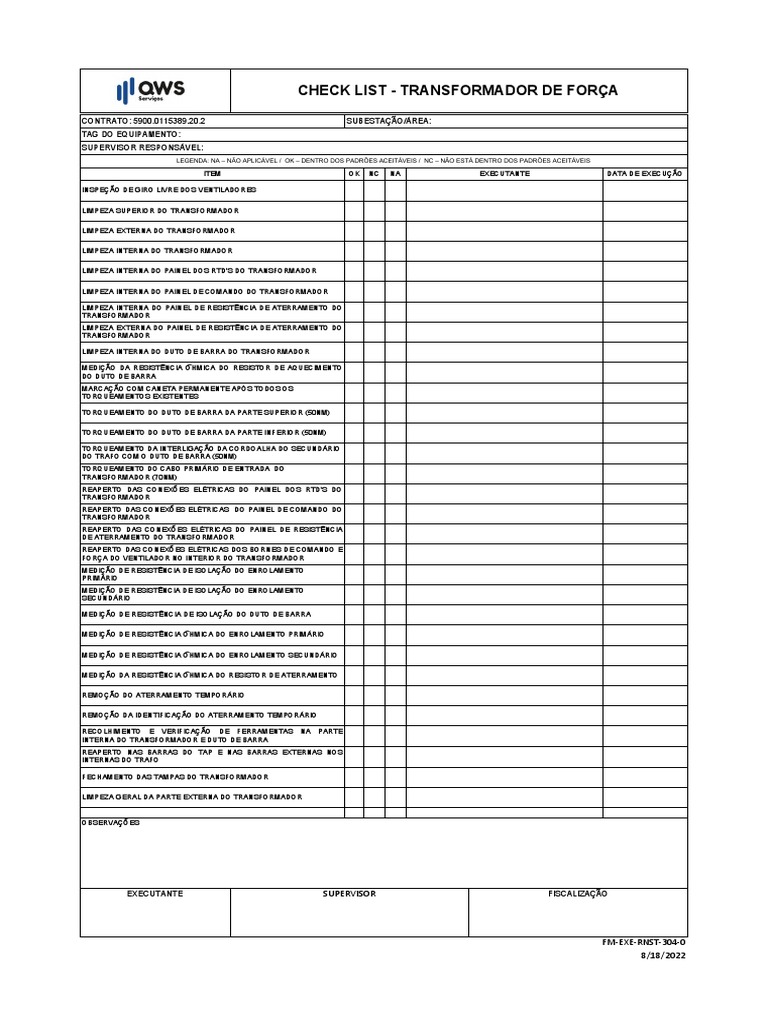 Check List de Manutenção de Transformador | PDF | Transformador ...