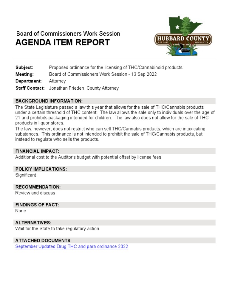 Proposed Hubbard County Ordinance For The Licensing of THC/Cannabinoid  Products | PDF | License | Tetrahydrocannabinol