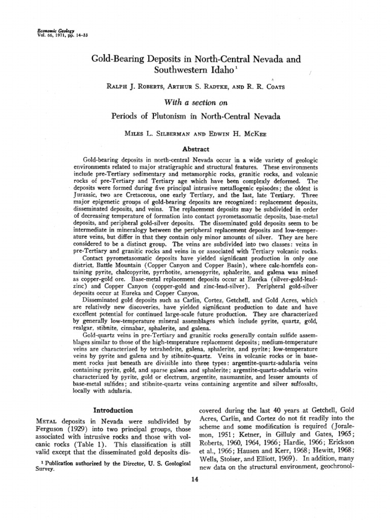 GoldBearing Deposits in NorthCentral Nevada And Southwestern Idaho