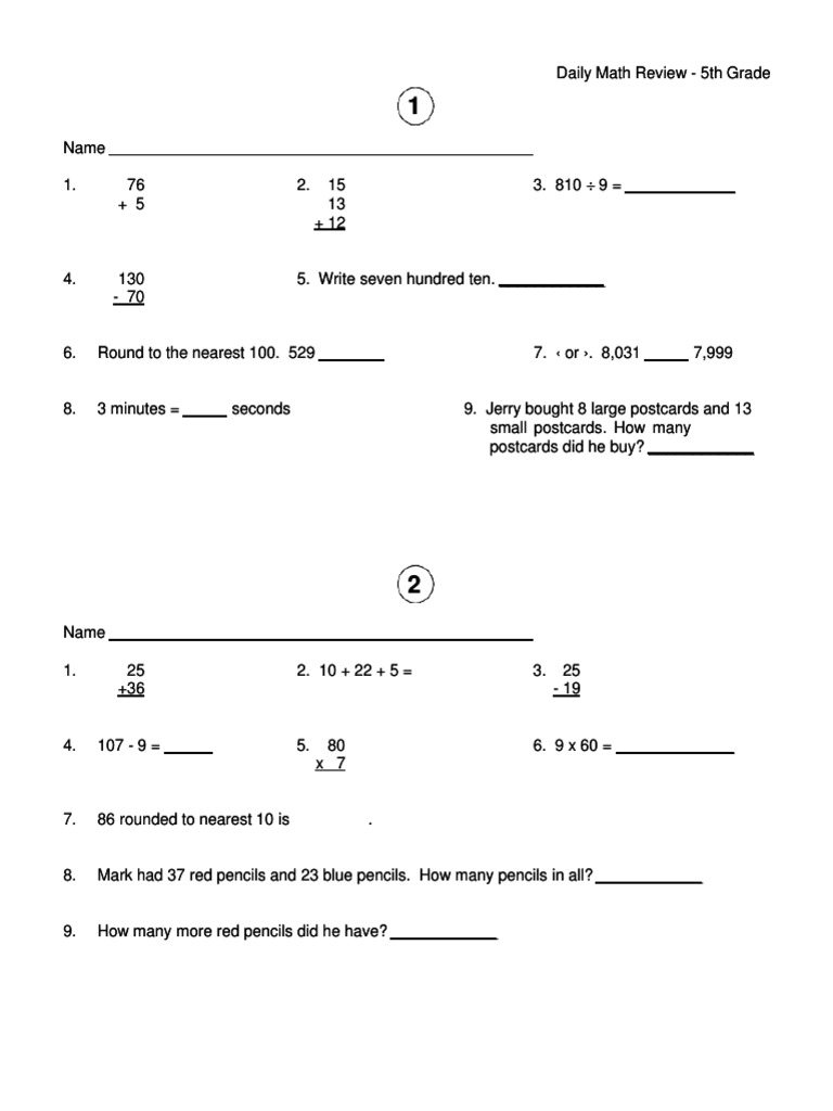 Daily math review 5th grade pdf