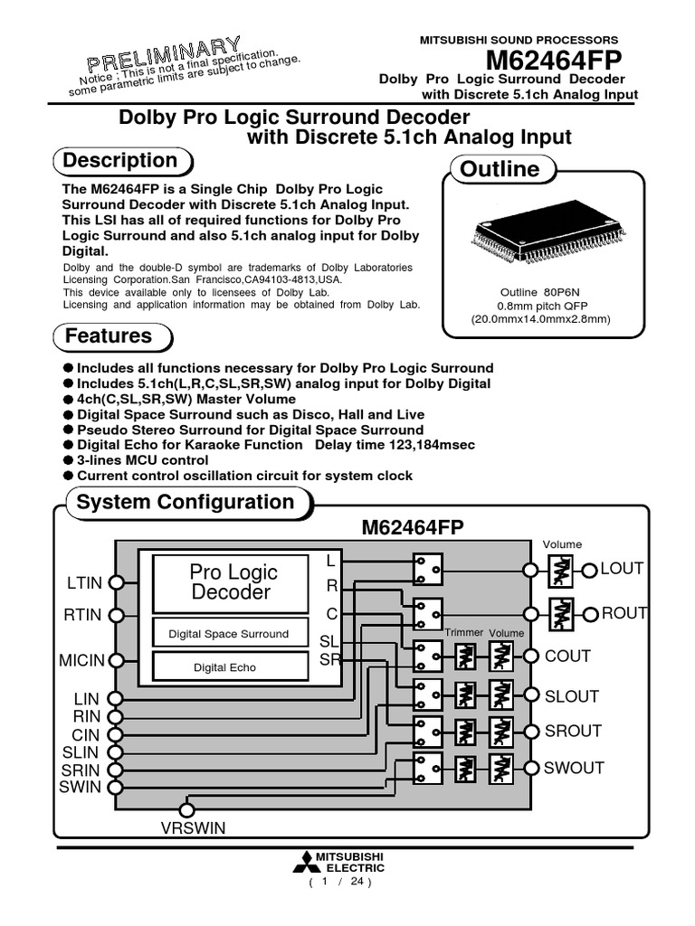 Dolby Pro Logic Surround Decoder With Discrete 5.1ch Analog Input | PDF