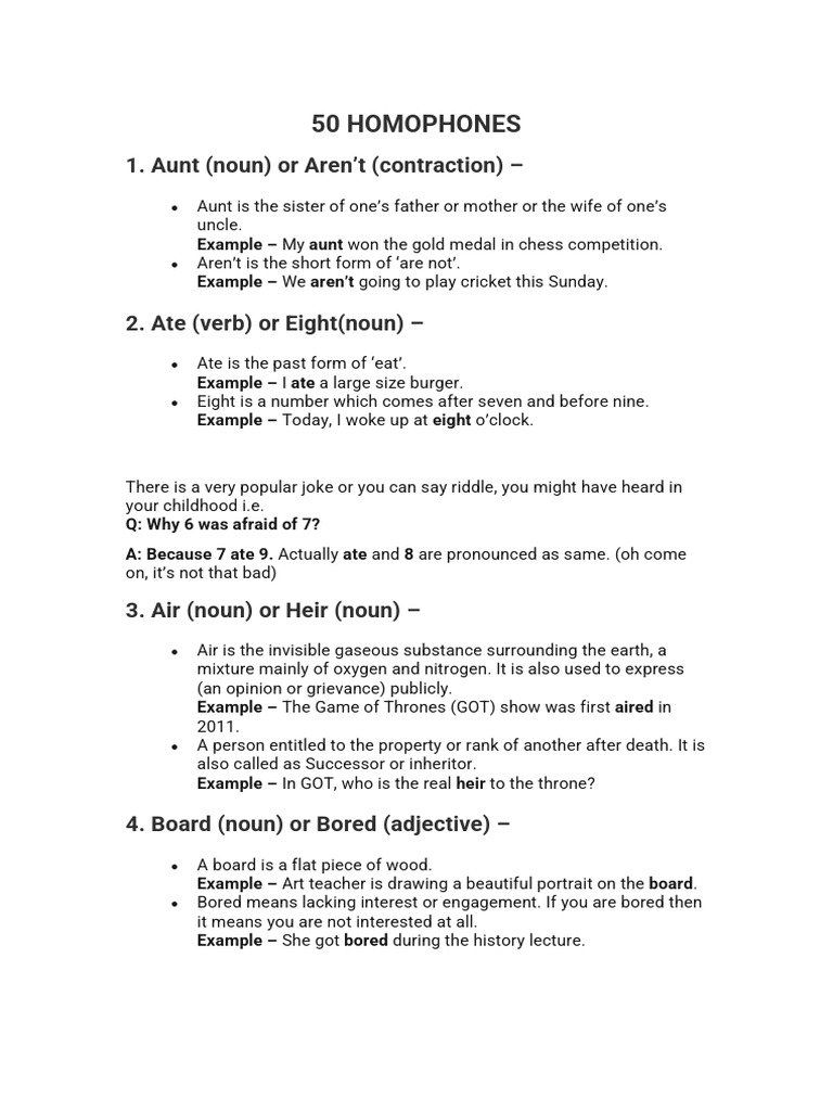 50 Homophones Anglais PDF Adjective Chili Pepper