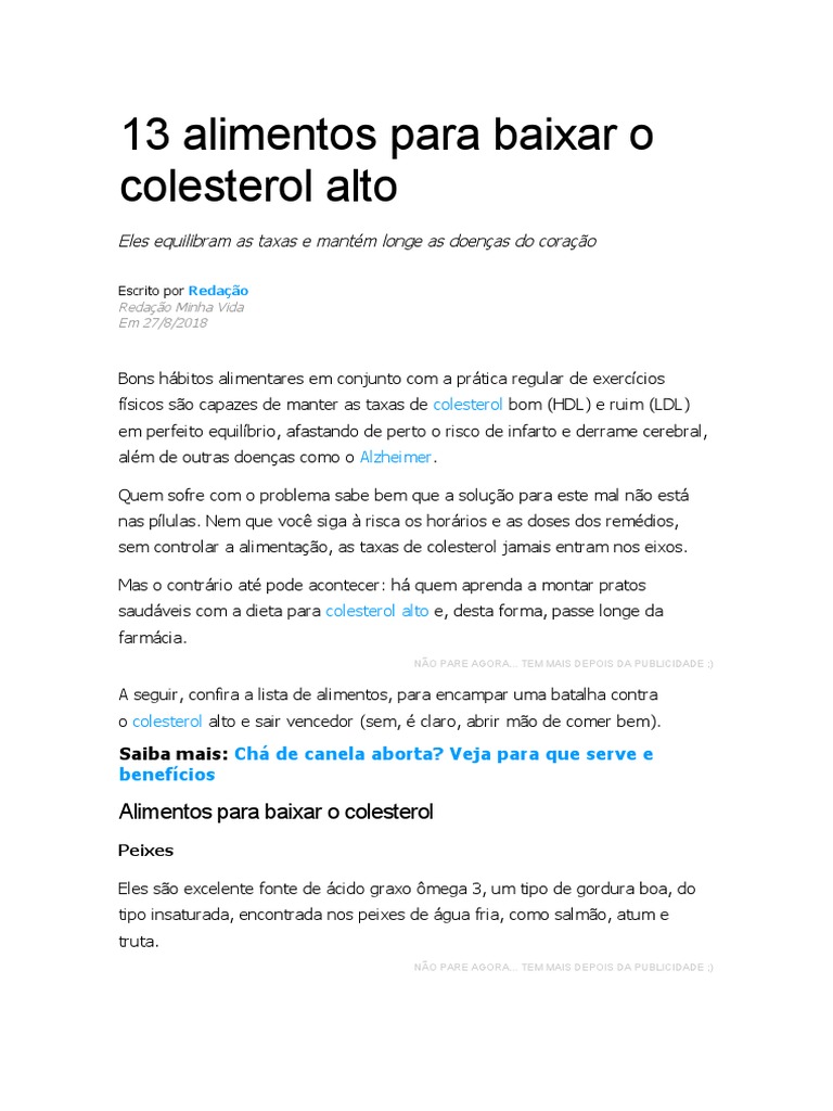 13 Alimentos para Baixar o Colesterol Alto | PDF | Colesterol | Fibra ...