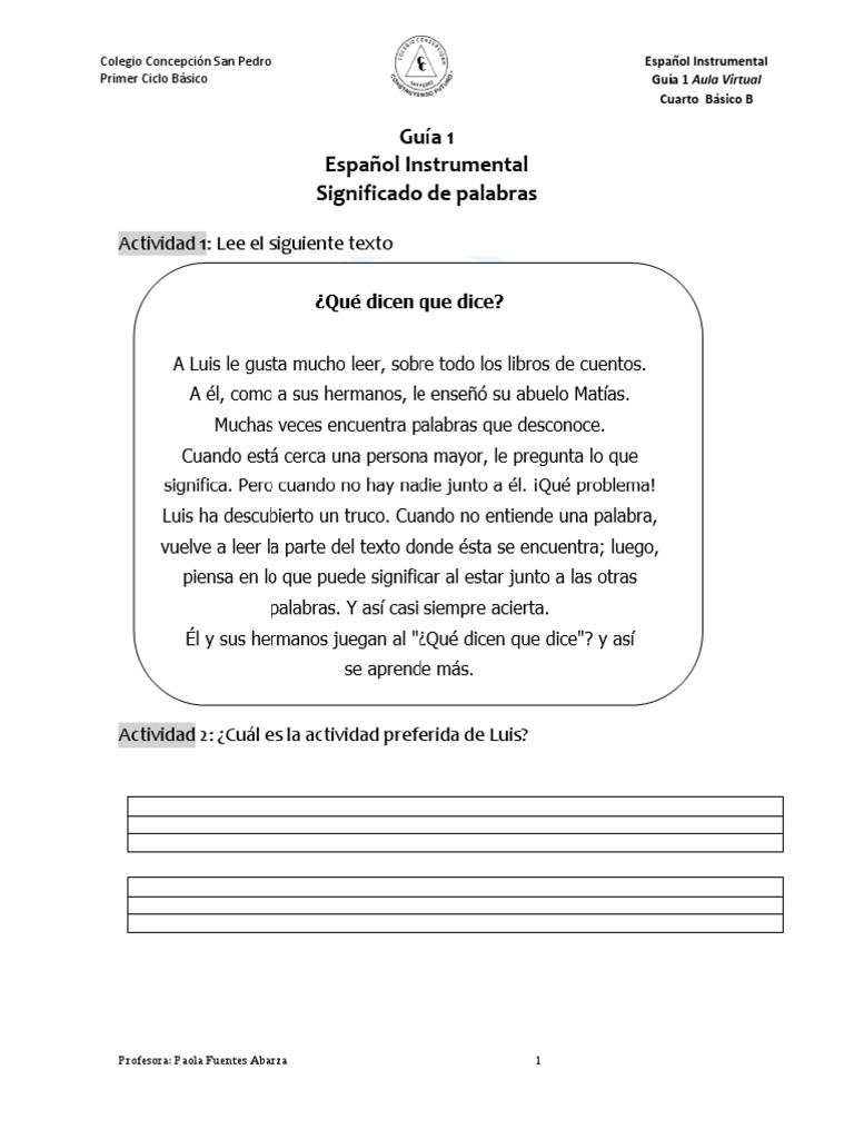 Guía 1 Español Instrumental Significado de Palabras: Actividad 1: Lee ...