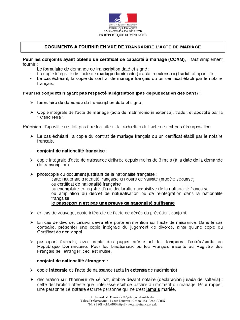 Transcription d'Acte de Mariage en France | PDF | Certificat de ...