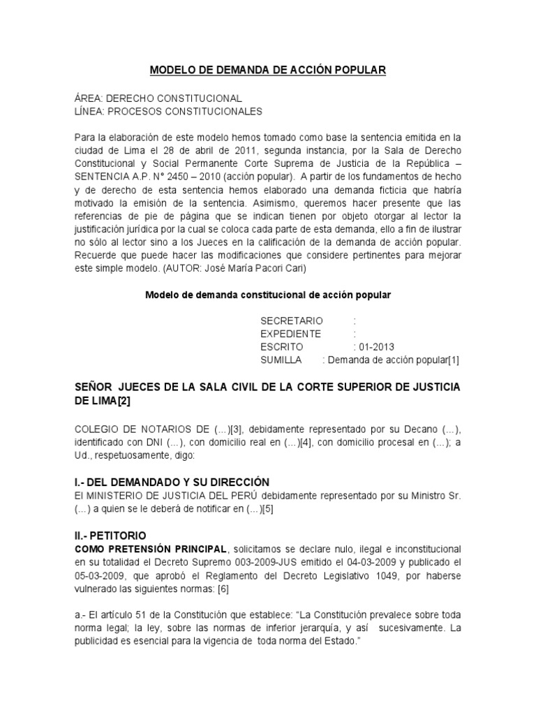 Modelo de Demanda de Acción Popular | PDF | Demanda judicial | Ley procesal