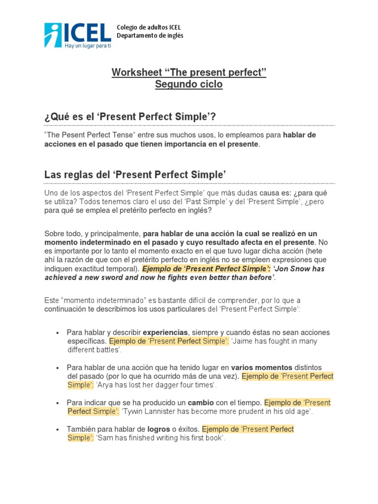 Worksheet sobre el Presente Perfecto en Inglés | PDF | Verbo | Ciencia ...