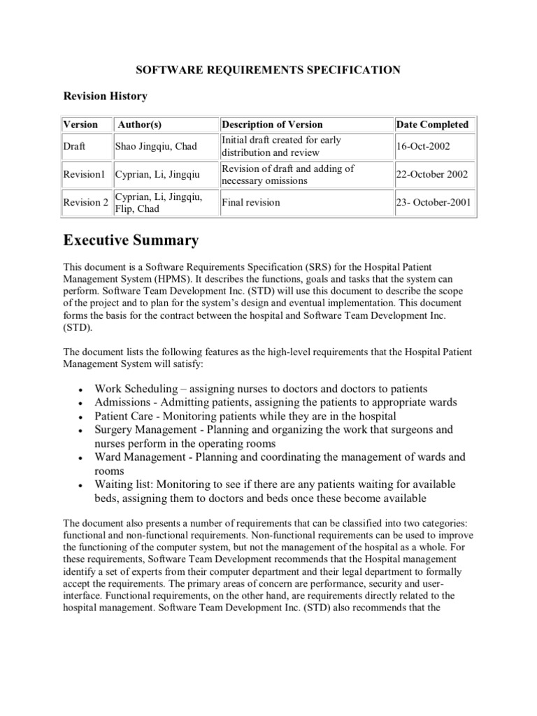 Software Requirements Specification | PDF | Patient | Hospital