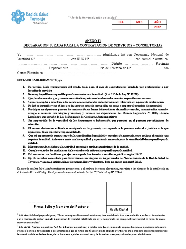 03 Anexo 11 Declaracion Jurada Servicios | PDF