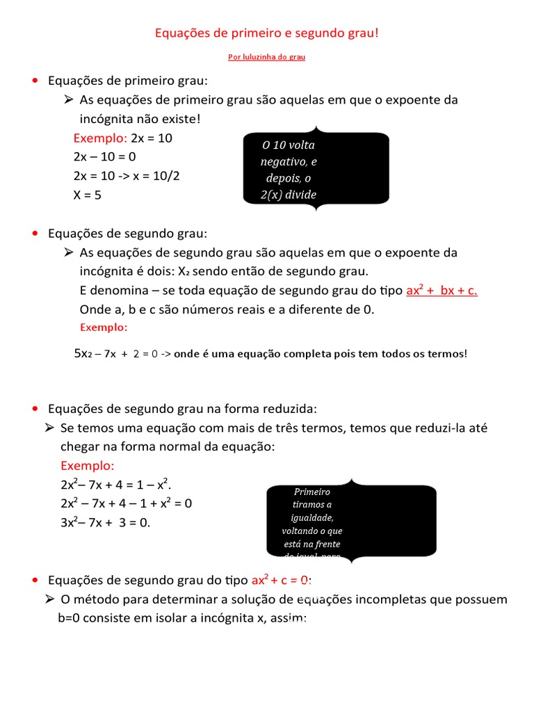 Equações de Primeiro e Segundo Grau | PDF | Equações | Equação quadrática