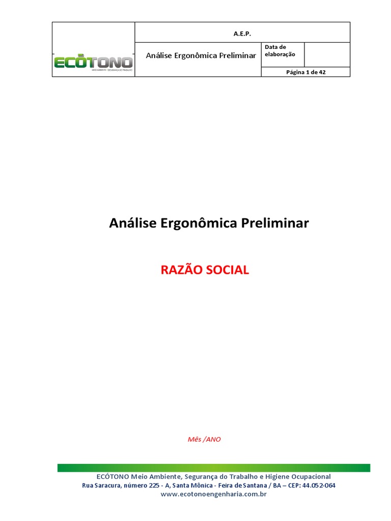 Análise Ergonômica Preliminar AEP | PDF | Fatores humanos e Ergonomia