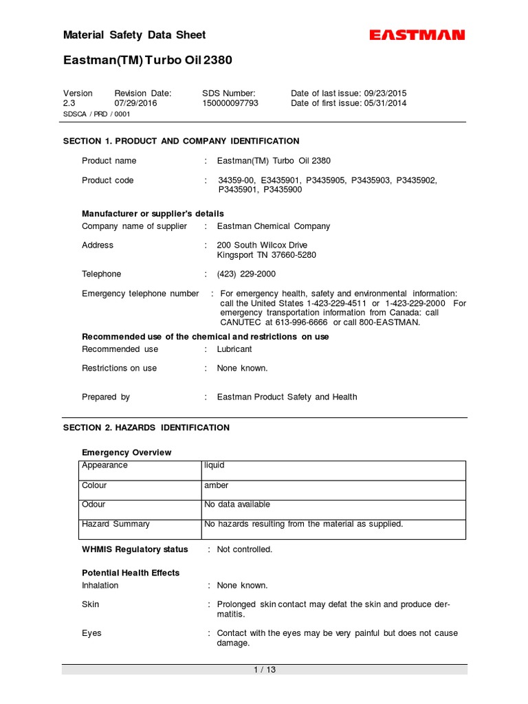 Eastman Turbo Oil 2380 Canada Eng PDF Toxicity Firefighting