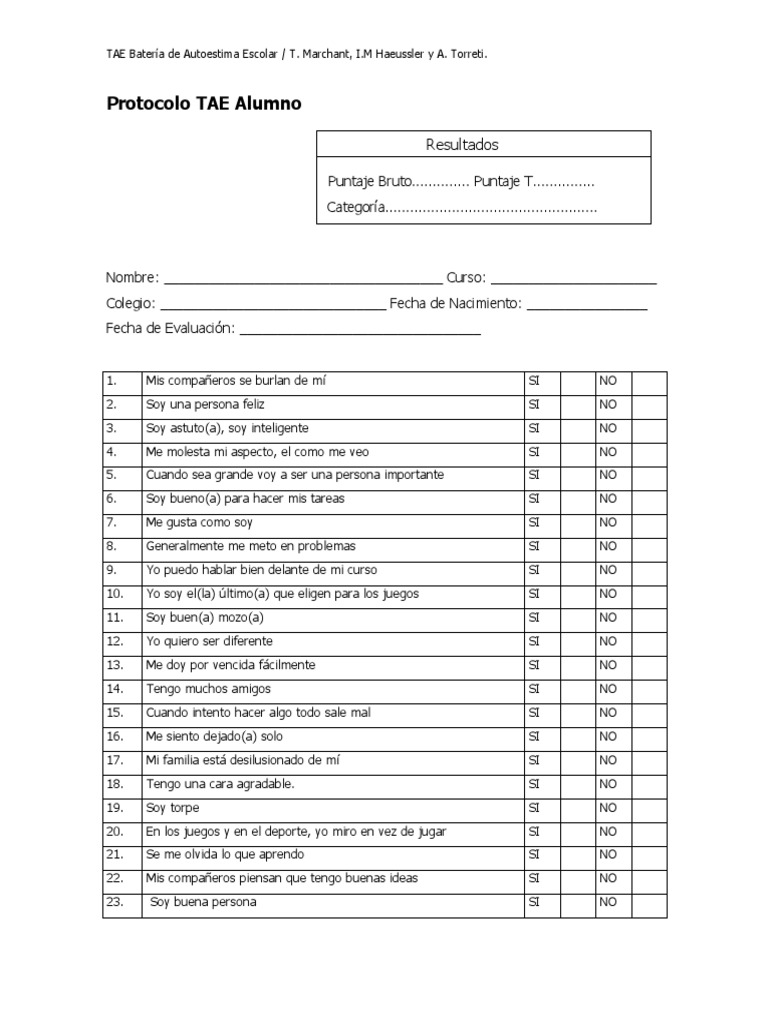Protocolo TAE Alumno: Resultados | PDF