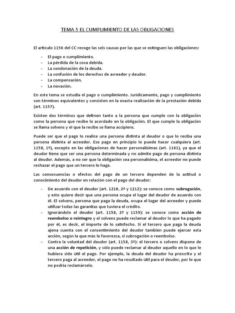 TEMA 5 El Cumplimiento de Las Obligaciones | PDF | Pagos | Dinero