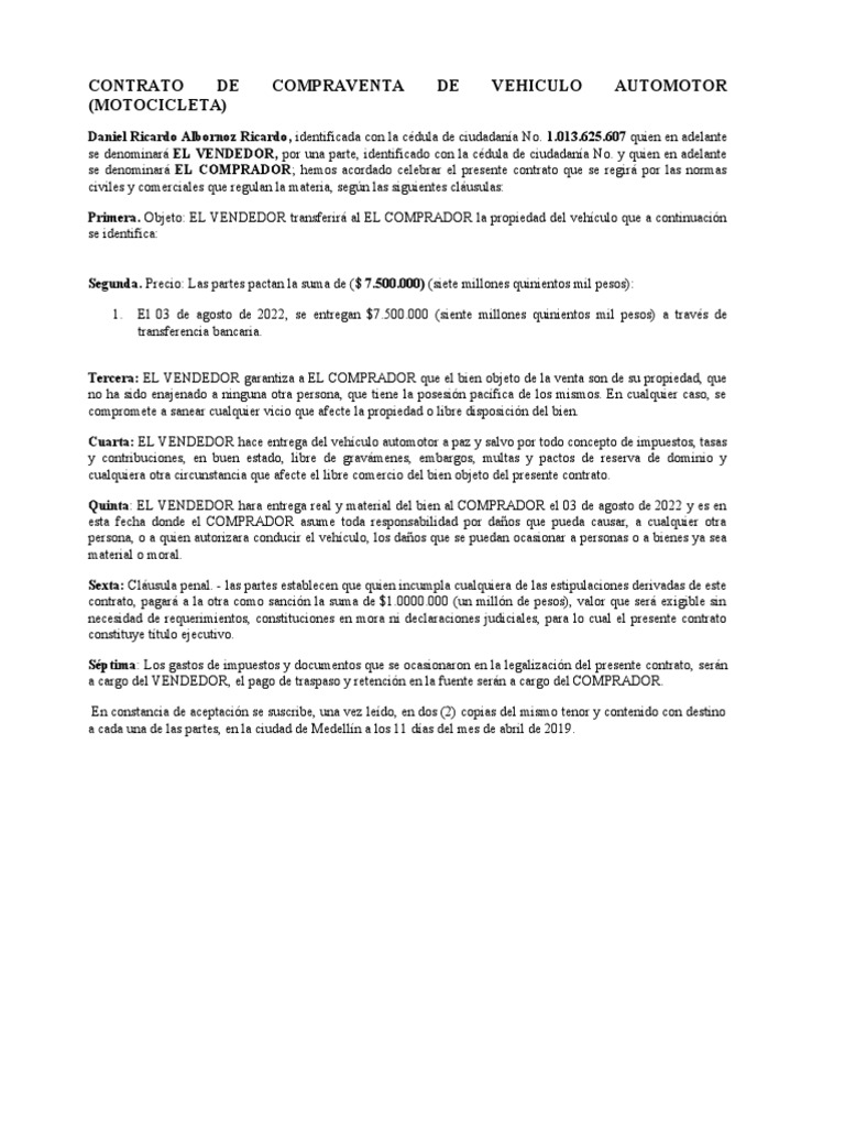 Contrato de Compra y Venta de Moto | PDF | Justicia | Crimen y violencia