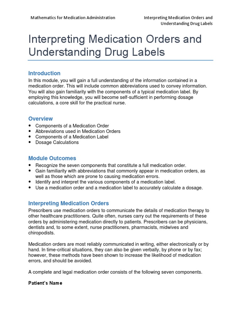 Interpreting Medication Orders and Understanding Drug Labels PDF