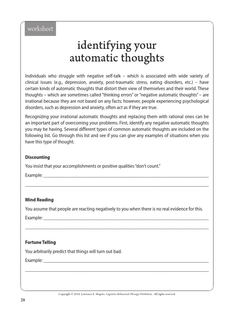 Identifying Your Automatic Thoughts: Worksheet | PDF | Thought | Cognitive  Behavioral Therapy
