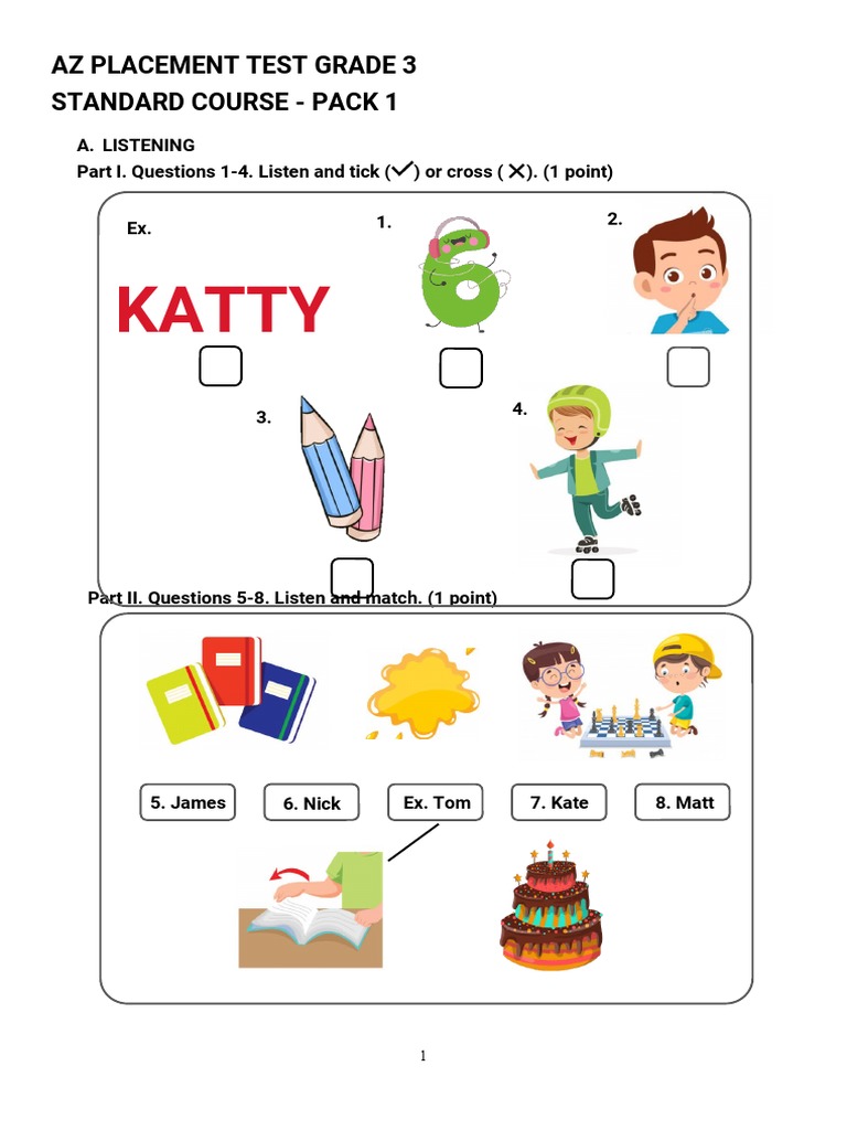 AZ Placement Test Grade 3 Listening, Reading, and Writing Assessment PDF Pencil Graphite